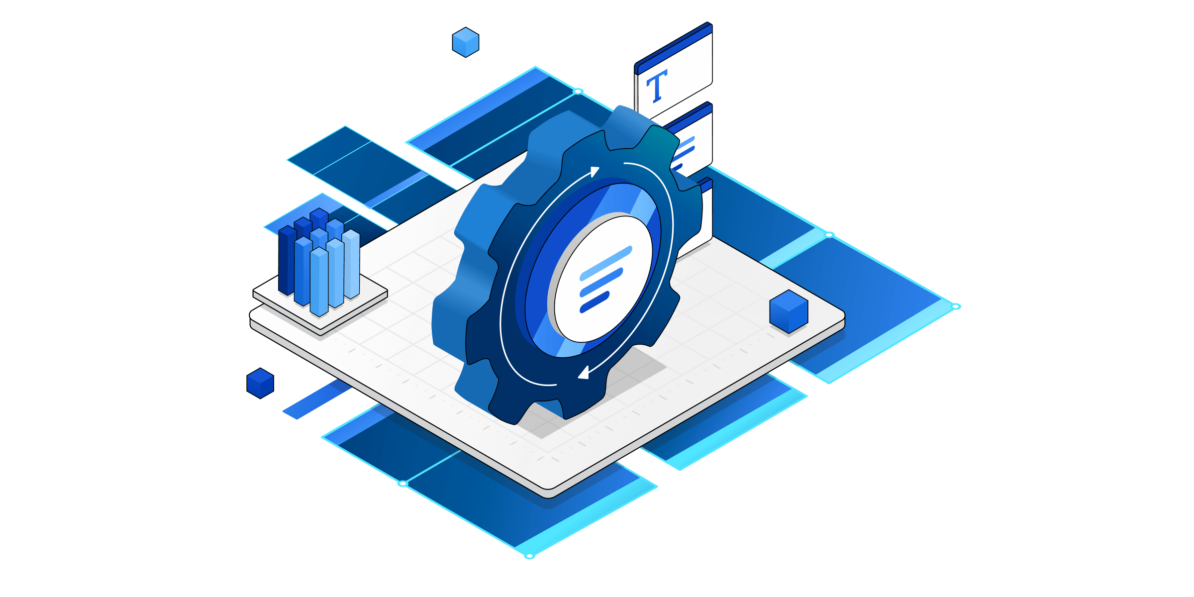 En isometrisk illustration af tekniske komponenter til Power Automate-tjenester.